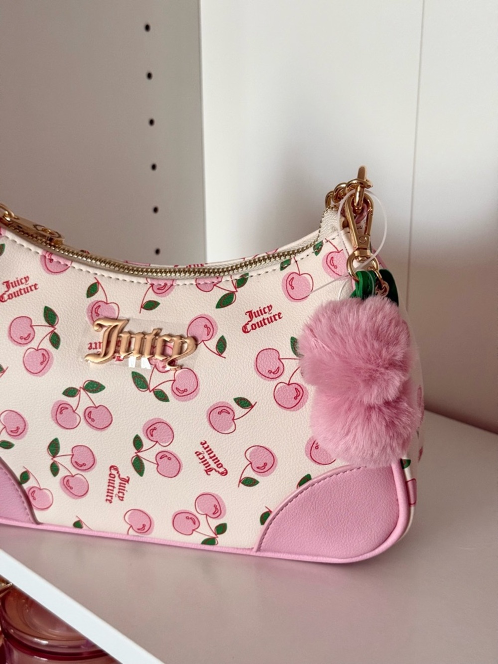 Juicy Couture “Cherry Girl” Pink Cherry Print Shoulder Bag with Pom Pom - Picture 4 of 5